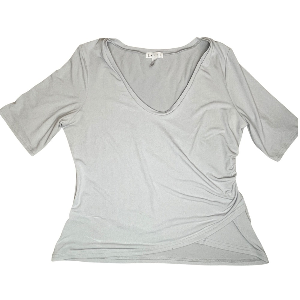 Leith Blouse Ruching Light Gray Top L Womens Faux Wrap V Neck‎ Short Sleeve Work